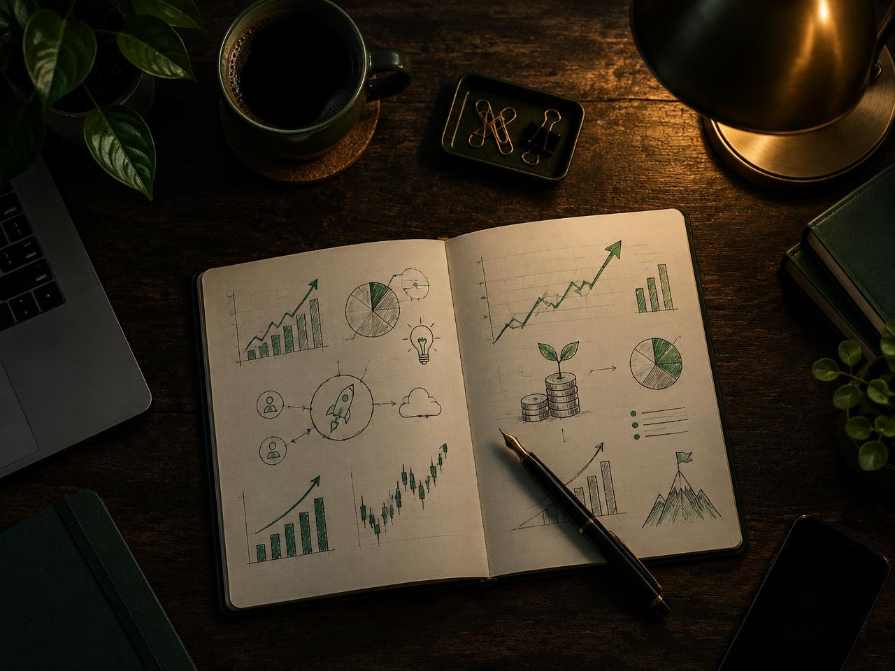 A notebook filled with hand-drawn financial charts on a dark desk